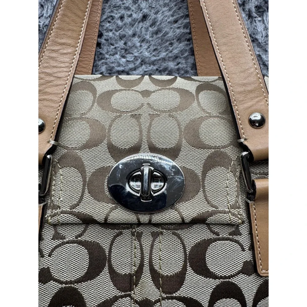 Coach Womens F13070 Signature Jacquard Logo Leather Handbag Multicolor‎